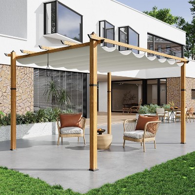 Retractable Aluminum Pergola – 10x10/10x13 Ft Wood-Grain Design, Adjustable Sunshade & Rust-Proof Frame for Patio/Backyard/Garden