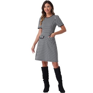 Allegra K Women's Plaid A-Line Crewneck Contrast Trim Elegant Houndstooth Dress - 1 of 4