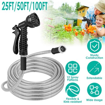Heavy Duty Stainless Steel Garden Hose with Versatile Nozzles, 50FT Length