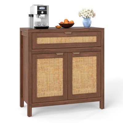 Tangkula Sideboard Buffet Cabinet Rustic Coffee Bar Storage Cabinet w/ 2 Rattan Doors