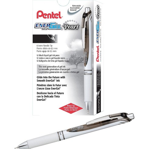 EnerGel Pearl Retractable (0.5mm) Needle Tip, Fine Line, Black Accent, Black Ink, 12 Count