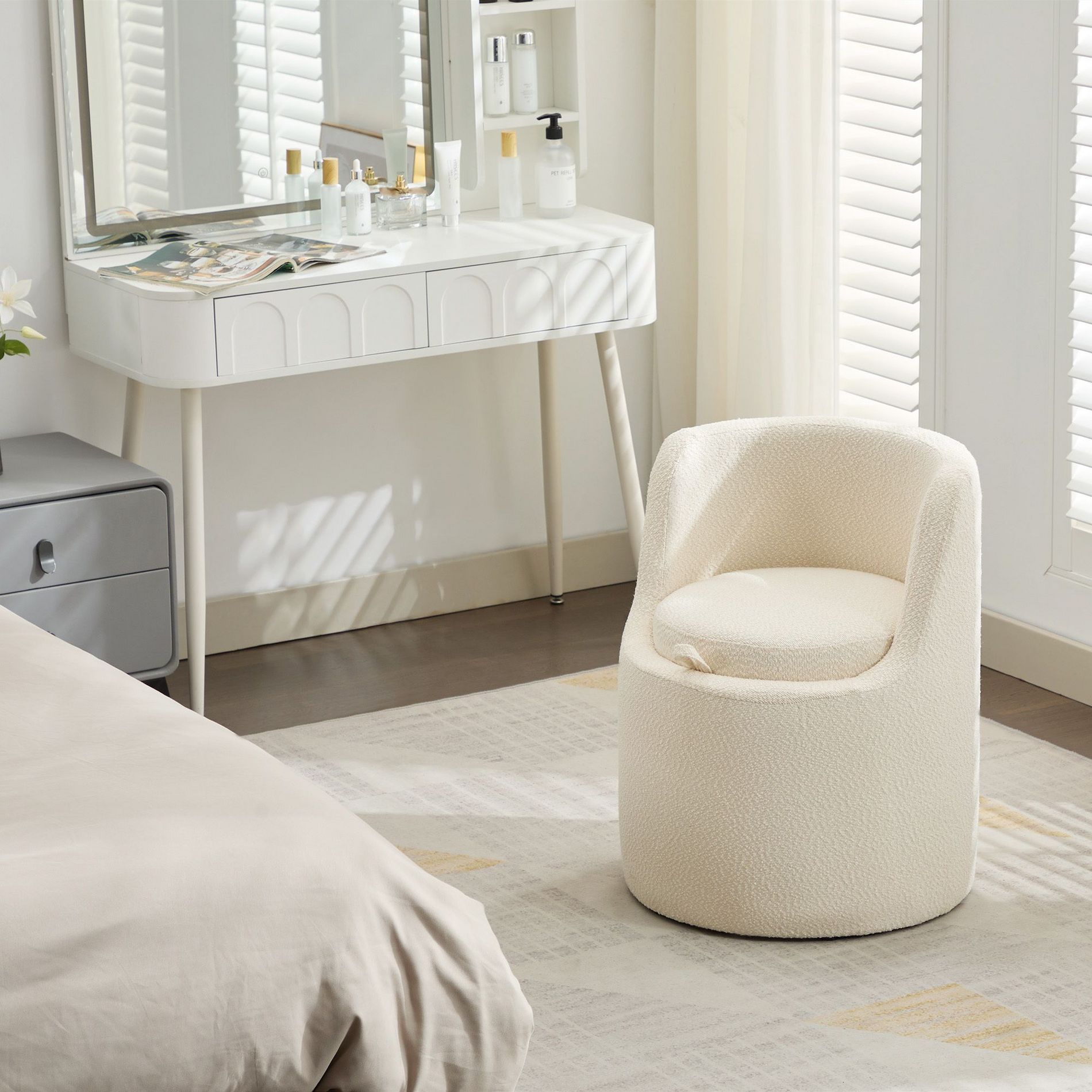 HYLEORY Makeup Ottoman with Storage, Upholstered Vanity Stool with Foldable Backrest Modern Cylindrical Footrest Stool for Living Room Bedroom,Beige