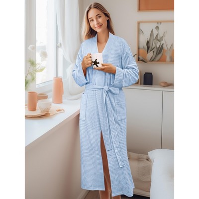 Light Blue Waffle Knit Long Bathrobe with Pockets
