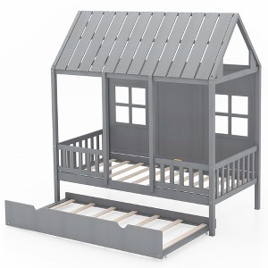 Tangkula Twin Size House Bed with Trundle Fence Decoration Wooden Windows Tall Roof Gray - 1 of 4