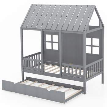 Tangkula Twin Size House Bed with Trundle Fence Decor Wooden Windows Tall Roof Gray