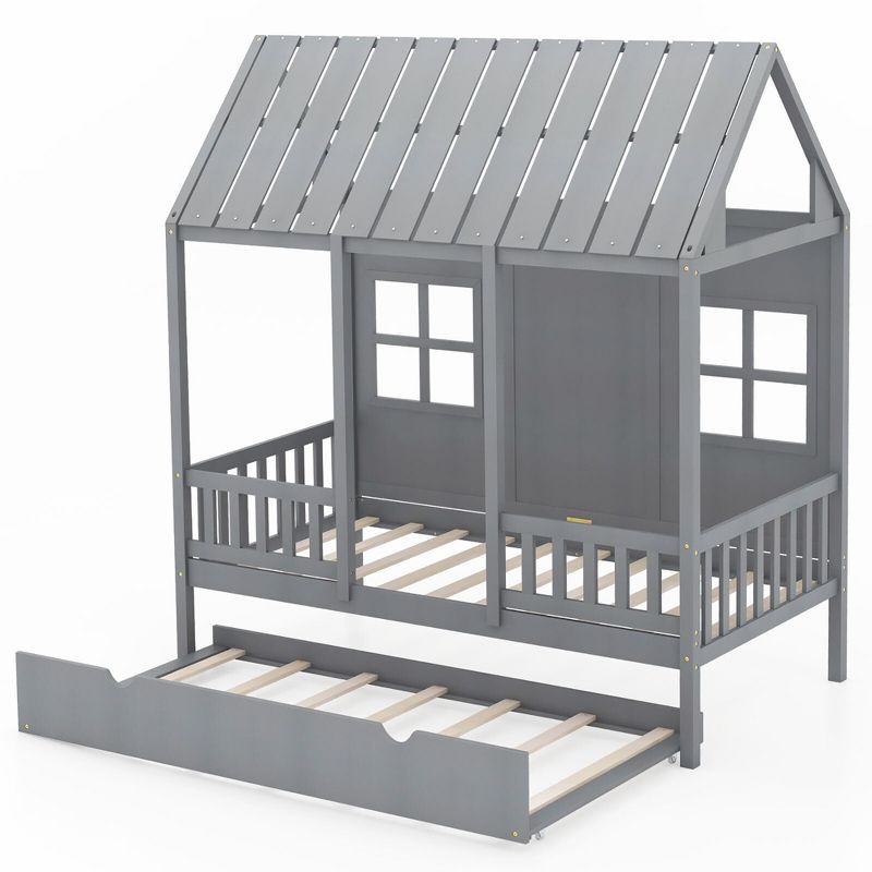 Tangkula Twin Size House Bed with Trundle Fence Decor Wooden Windows Tall Roof Gray, 1 of 10