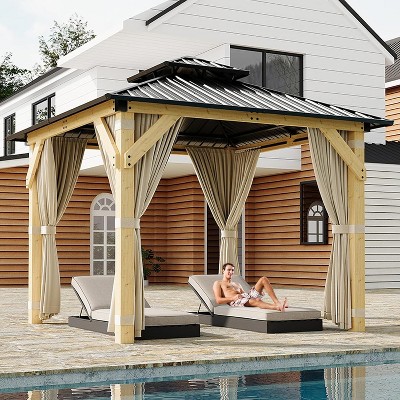 10x10 FT Outdoor Hardtop Gazebo with Curtains & Netting, Wood Grain Heavy Duty Pavilion, Galvanized Steel Double Roof with Vertical Stripe Design