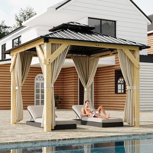 10x10 FT Outdoor Hardtop Gazebo with Curtains & Netting, Wood Grain Heavy Duty Pavilion, Galvanized Steel Double Roof with Vertical Stripe Design - 1 of 4