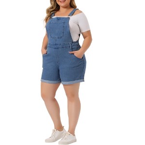 Agnes Orinda Women's Plus Size Adjustable Strap Pocket Roll Hem Denim Overall Jean Shorts - 1 of 4
