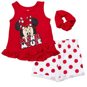 Mickey Mouse & Friends Minnie Mouse Baby Girls Tank Top French Terry Shorts and Scrunchie 3 Piece Outfit Set Infant to Big Kid - 1 of 4