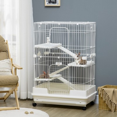 Skyzone 32" White Small Animal Cage with 4 Lockable Wheels, Slide-out Tray, Platforms & Ramps -