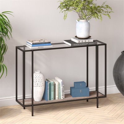 Mid-Century 42" Blackened Bronze and Gray Oak Console Table with Shelf