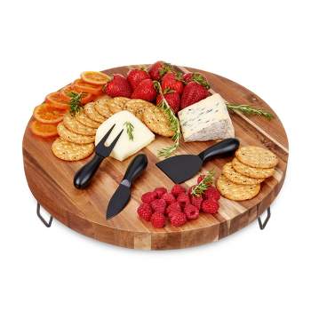 Twine Acacia Cheese Board and Knife Set, Footed Cheese Snack Tray and Cheese Knives Set Cooking Accessories, 16inch Diameter