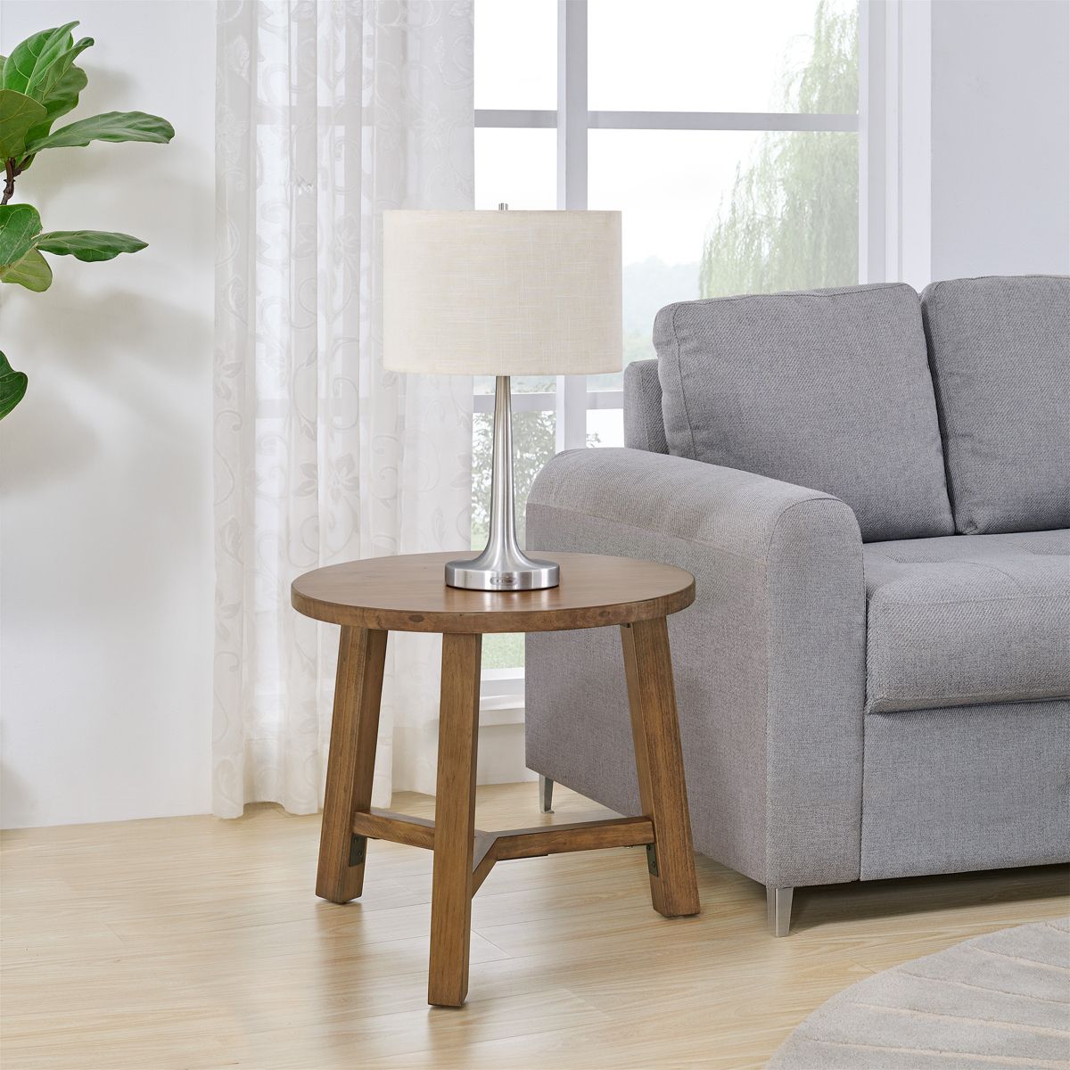 Alaterre Furniture Newbury Collection 20-Inch Round End Table or Nightstand, Solid Wood Farmhouse Accent Table, Pecan Finish - thumbnail 4