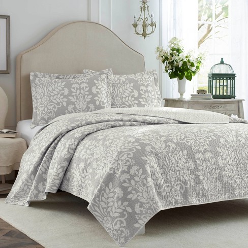 Laura Ashley Rowland Cotton Reversible Grey Quilt Set - On Sale