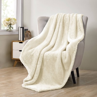 VCNY 50"x70" Oversized Adrianna High Pile Plush Throw Blanket Beige: Luxury, Hypoallergenic, Machine Washable