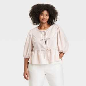 Women's Elbow Sleeve Peplum Tie-Front Blouse - A New Day™ - 1 of 3