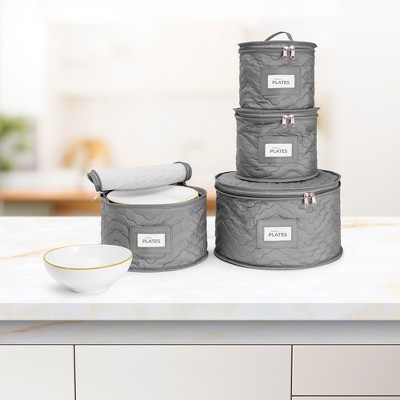 Gray Quilted Fabric Stackable Dinnerware Storage Cases Set
