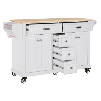 Vynxaria Kitchen Island - Rubberwood Countertop, 5-Wheel Rolling Cart with 5 Drawers, Storage Cabinet, Towel/Spice Racks for Dining & Kitchen,White