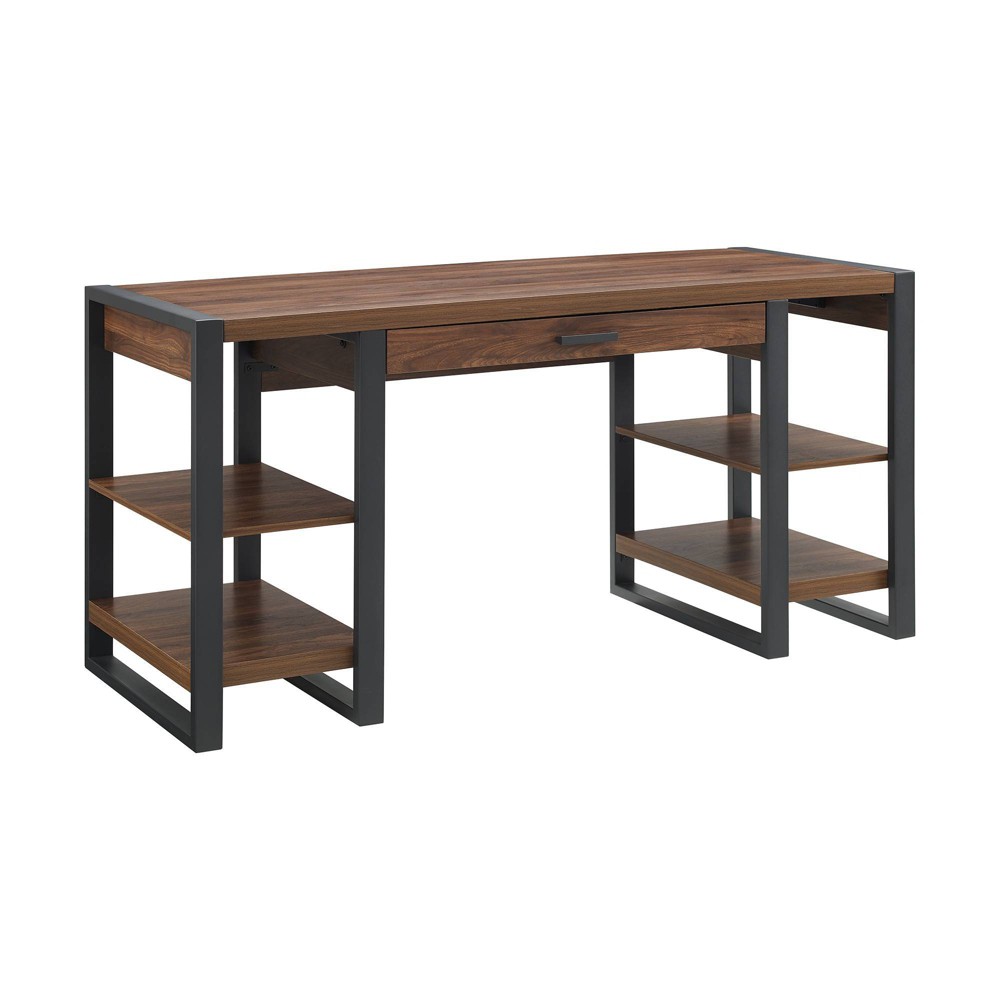 Photos - Office Desk 60" Industrial Transitional Tech Desk with USB Dark Walnut - Saracina Home