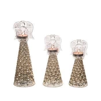 Transpac Glass 9.28 in. Gold Christmas Glitzy Angels Candle Holder Set of 3