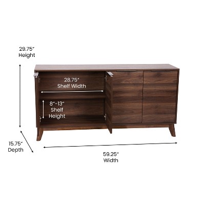 Hatfield Dark Walnut Mid-Century Modern 4-Door TV Stand with Adjustable Shelves