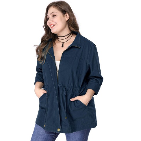 Agnes Orinda Women's Plus Size Fall Outfits Drawstring Waist Zipper Denim  Jacket 