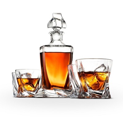OSTO Twist-Shaped Whiskey Decanter; European Style Glass Decanter with 4 Glasses; 25 Oz. Includes Gift Box BPA-Free 5-Piece