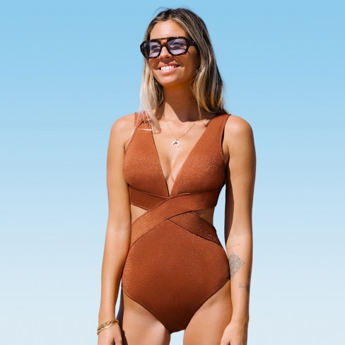 Women's Metallic Plunge Cutout One Piece Swimsuit - Cupshe-xl-orange :  Target