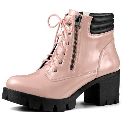 BLISSFUL STEP Women's Round Toe Chunky Heel Lug Sole Lace Up Zipper Combat Boots