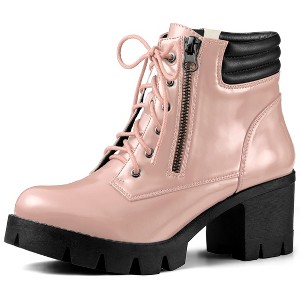BLISSFUL STEP Women's Round Toe Chunky Heel Lug Sole Lace Up Zipper Combat Boots - 1 of 4