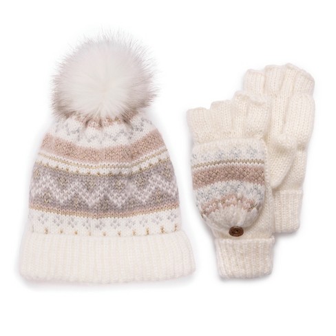 MUK LUKS Women's Mixed Yarn Beanie and Mitten Set-Mix Ivory OS