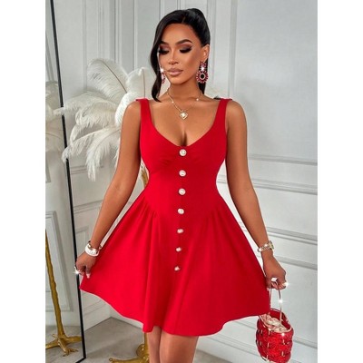 Macomel Red Simple Design Skirt, Backless Bow Strap Suitable For Dating,And Party