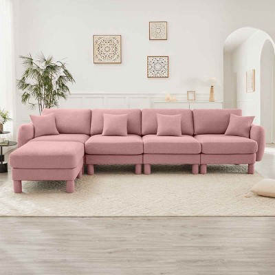 L-Shape Sectional Sofa with Ottoman, 4-Seater Sofa with Armrests and Cylindrical Legs, Boucle Fabric Couch with Cushion-Coolbibila
