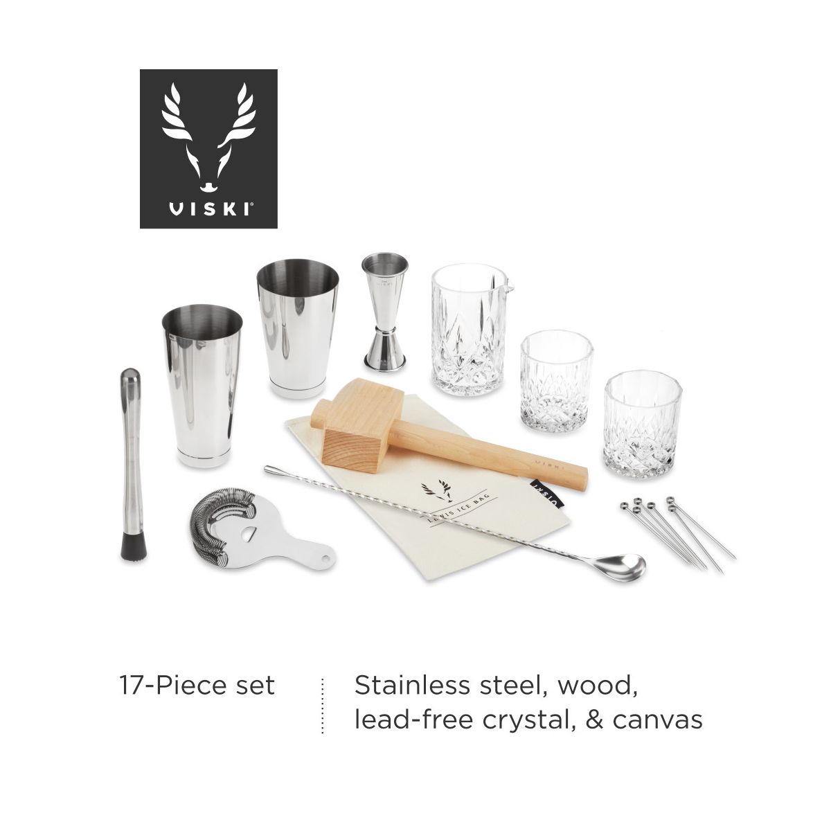 Viski 17-Piece Bartender Kit, Shakers Tins, Mixing Glass, Jigger, Muddler, Strainer, Spoon, Whiskey Glasses, Ice Bag, Mallet, Picks, Bar Gifts for Men - thumbnail 2
