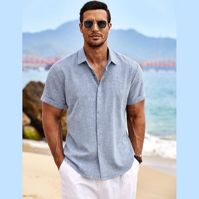 COOFANDY Men's Linen Short Sleeve Casual Button Down Beach Summer Wedding Shirt