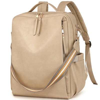 INFURNIC Backpacks Women Retro PU Leather Backpack Multi Function Large Capacity Stylish Travel Work Bag, Beige, 13.26"*16.77"*2.34"