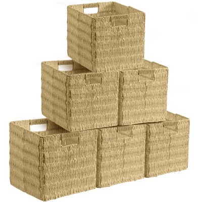 Ornavo Home 6 Pack Paper Wicker Storage Shelf Basket Cube Bin with Handles