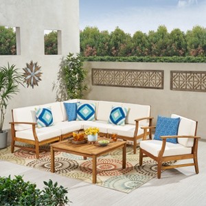 GDFStudio Abena Outdoor Acacia Wood 6 Seater Sectional Sofa and Club Chair Chat Set with Cushions - 1 of 4
