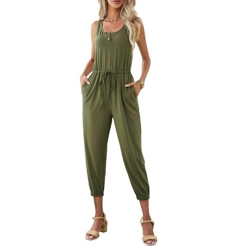 Capri Jumpsuit For Women Ruched Overalls With Pockets Button Loose Fit Casual Jumpsuits Wiht Drawstring U Neck Stretchy Romper Army Green L Target