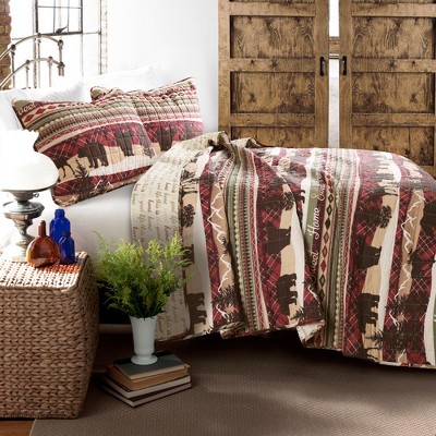 Full/Queen 3pc Lodge Quilt Set Red/Brown - Lush Décor