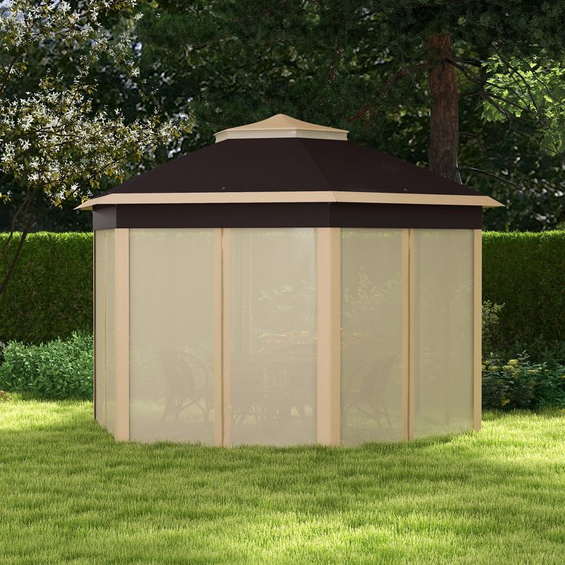 Outsunny 13' x 13' Pop Up Gazebo Hexagonal Canopy with 6 Zippered Mesh Netting, 2-Tier Roof Event Tent with Steel Frame for Patio Backyard, 3 of 8