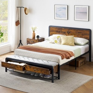 Queen Bed Frame with Ottoman Storage, Headboard, Sturdy Metal Support, Safe Rounded Corners, No Box Spring Needed, Stylish - 1 of 4