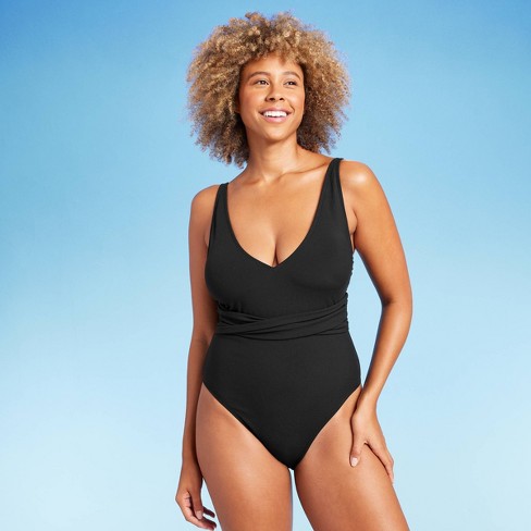 Women's Ribbed Plunge Twist-Front One Piece Swimsuit - Shade & Shore™ Black  XL