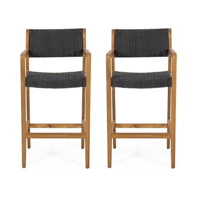 GDFStudio Eliani Outdoor Acacia Wood and Wicker 30 Inch Barstools (Set of 2), Teak/Black