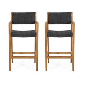 GDFStudio Eliani Outdoor Acacia Wood and Wicker 30 Inch Barstools (Set of 2), Teak/Black - 1 of 4