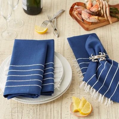 Navy and Off-White Cotton Tassel Napkins Set of 4