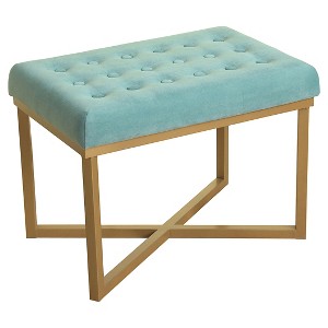 Rectangle Ottoman with Caribbean Velvet Tufted Cushion and Gold Metal X Base - HomePop, Blue