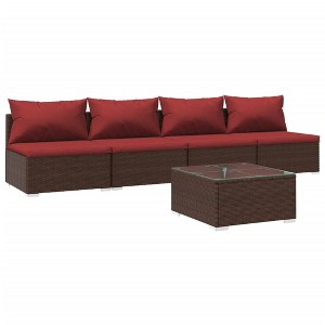 vidaXL Brown Patio Furniture Poly Rattan - Red Cushions - 4 Seats with Table - 1 of 4