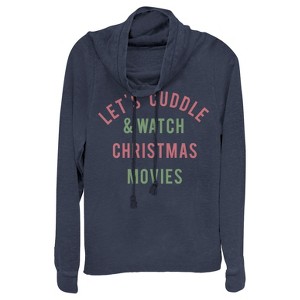 Juniors Womens CHIN UP Christmas Cuddles & Movies Cowl Neck Sweatshirt - 1 of 3